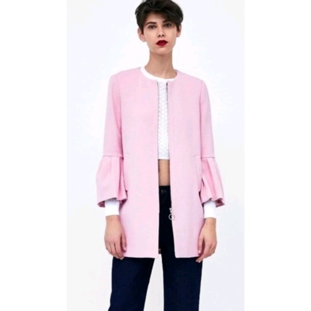 Zara Pink Ruffle Bell Sleeve Coat Lined Full Zip Sz XS Peacoat - Picture 3 of 13